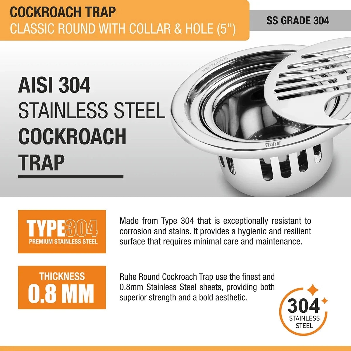 Ruhe Classic Round 304-Grade Floor Drain with Collar Hole and Cockroach Trap by Ruhe : Colours available: Silver 3 4