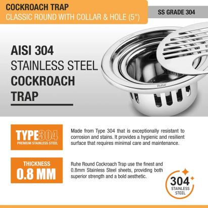 Ruhe Classic Round 304-Grade Floor Drain with Collar Hole and Cockroach Trap by Ruhe : Colours available: Silver 3 4