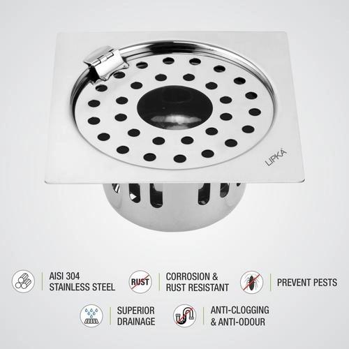 Lipka Square Flat Cut Floor Drain (5.5 x 5.5 Inches) with Hinge, Hole and Cockroach Trap 2