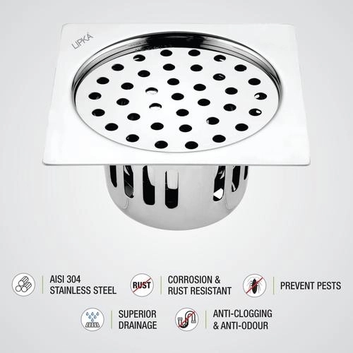 Lipka Square Flat Cut Floor Drain (5 x 5 Inches) with Cockroach Trap 2
