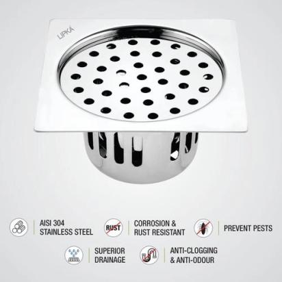 Lipka Square Flat Cut Floor Drain (5 x 5 Inches) with Cockroach Trap 2