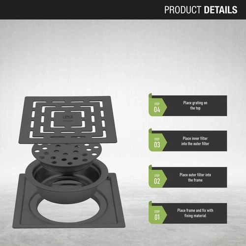 Lipka Orange Exclusive Square Flat Cut Floor Drain in Black PVD Coating (6 x 6 Inches) with Cockroach Trap 3