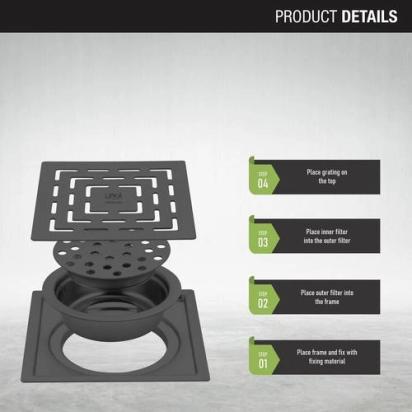 Lipka Orange Exclusive Square Flat Cut Floor Drain in Black PVD Coating (6 x 6 Inches) with Cockroach Trap 3
