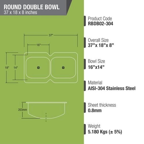 Lipka Round Double Bowl 304-Grade Kitchen Sink (37 x 18 x 8 Inches) 2
