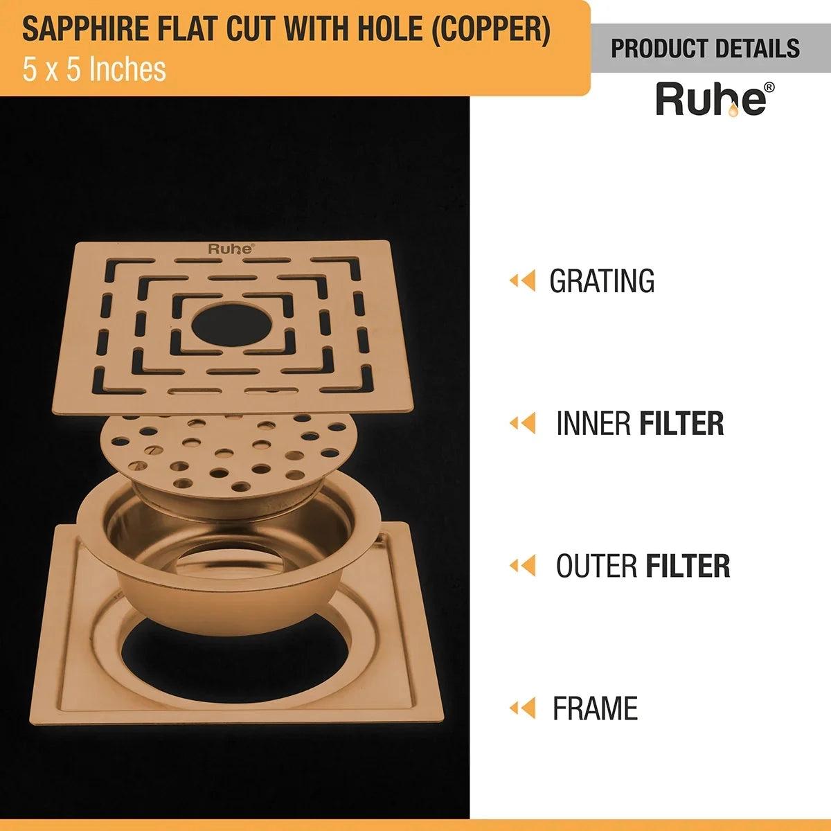 Ruhe Sapphire Square Flat Cut Floor Drain in Antique Copper PVD Coating 5 x 5 Inches with Hole 2