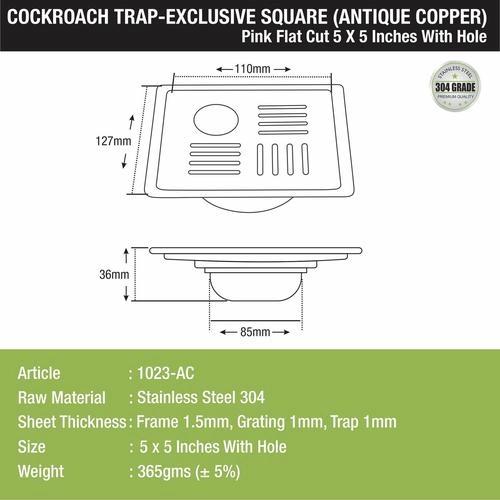 Lipka Pink Exclusive Square Flat Cut Floor Drain in Antique Copper PVD Coating (5 x 5 Inches) with Hole & Cockroach Trap 1