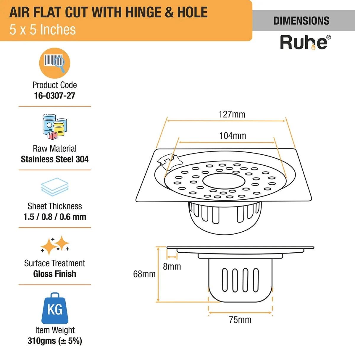 Ruhe Air Square Flat Cut 304-Grade Floor Drain with Hinge Hole and Cockroach Trap - 5 x 5 Inches 1