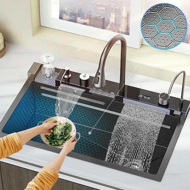 Jabon Kitchen Sink With Integrated Waterfall And PullDown Faucets Digital Display With Led Light 304 Grade Stainless Steel Sink 30 X 18 Inch