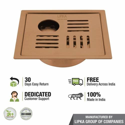 Lipka Pink Exclusive Square Flat Cut Floor Drain in Antique Copper PVD Coating (6 x 6 Inches) with Hole & Cockroach Trap 4