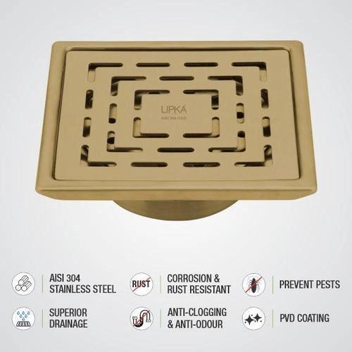 Lipka Home Orange Exclusive Square Floor Drain in Yellow Gold PVD Coating (5 x 5 Inches) with Cockroach Trap 3