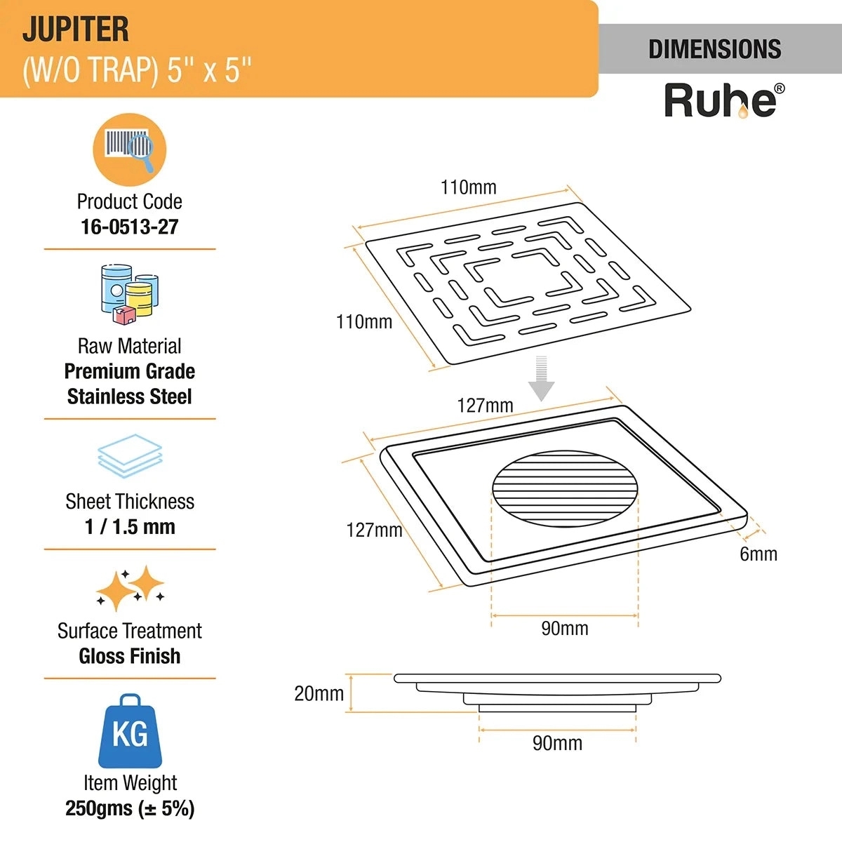 Ruhe Jupiter Square Premium Floor Drain 5 x 5 Inches by Ruhe 2 1