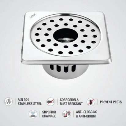 Lipka Square Floor Drain (6 x 6 Inches) with Hole and Cockroach Trap 2