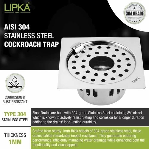 Lipka Square Flat Cut Floor Drain (6 x 6 Inches) with Hinge, Hole and Cockroach Trap 4