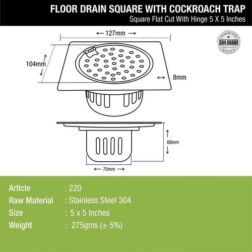 Lipka Square Flat Cut Floor Drain (5 x 5 Inches) with Hinge and Cockroach Trap 1