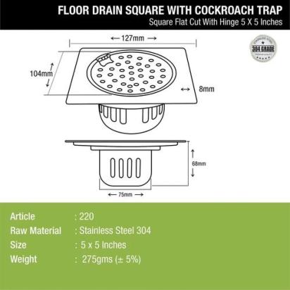 Lipka Square Flat Cut Floor Drain (5 x 5 Inches) with Hinge and Cockroach Trap 1