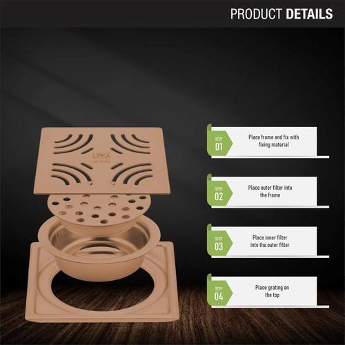 Lipka Purple Exclusive Square Floor Drain in Antique Copper PVD Coating (6 x 6 Inches) with Cockroach Trap 2