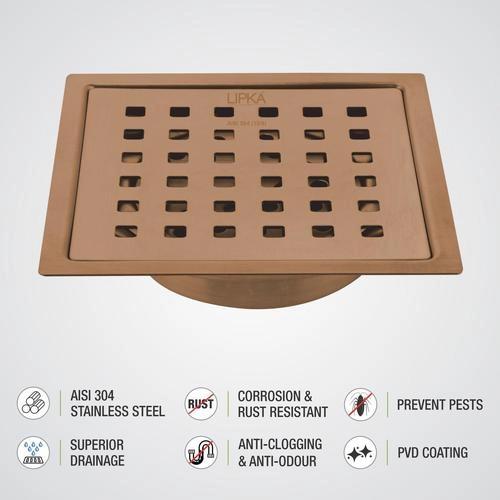 Lipka Red Exclusive Square Flat Cut Floor Drain in Antique Copper PVD Coating (5 x 5 Inches) with Cockroach Trap 3
