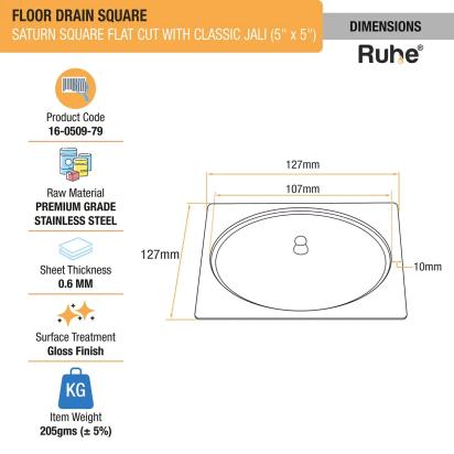 Ruhe Saturn Classic Jali Square Flat Cut Floor Drain 5 x 5 Inches With Lid by Ruhe : Colours available: Silver 4 1