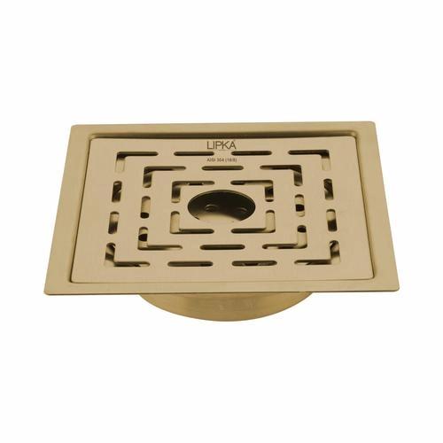 Lipka Orange Exclusive Square Flat Cut Floor Drain in Yellow Gold PVD Coating (6 x 6 Inches) with Hole & Cockroach Trap