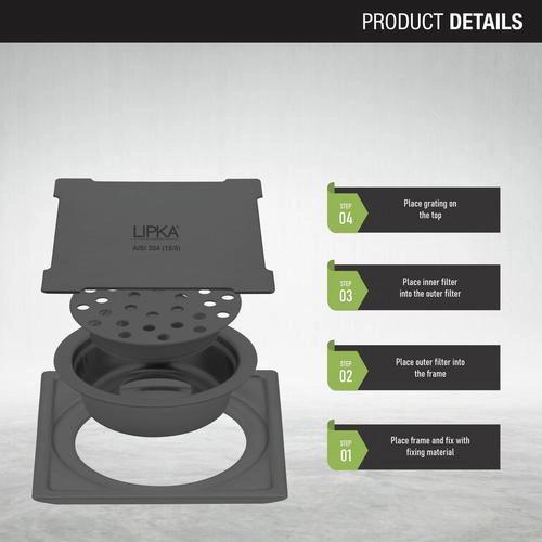 Lipka Yellow Exclusive Square Floor Drain in Black PVD Coating (5 x 5 Inches) with Cockroach Trap 4