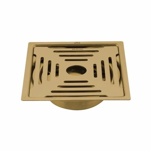 Lipka Green Exclusive Square Flat Cut Floor Drain in Yellow Gold PVD Coating (6 x 6 Inches) with Hole & Cockroach Trap