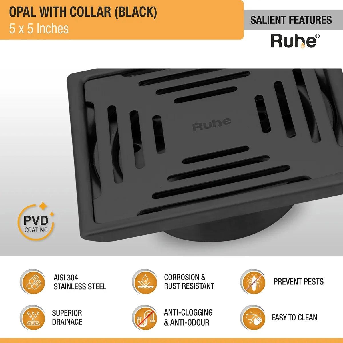 Ruhe Opal Square 304-Grade Floor Drain in Black PVD Coating 5 x 5 Inches 3