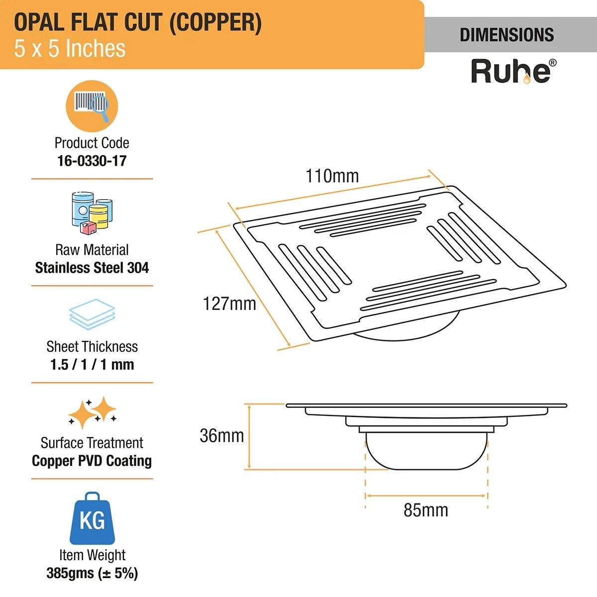 Ruhe Opal Square Flat Cut Floor Drain in Antique Copper PVD Coating 5 x 5 Inches 1