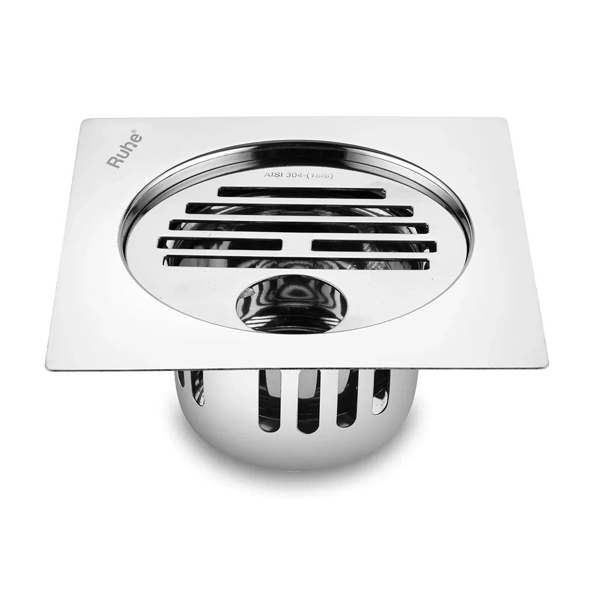 Ruhe Classic Square Flat Cut 304-Grade Floor Drain with Hole and Cockroach Trap - 6 x 6 Inches