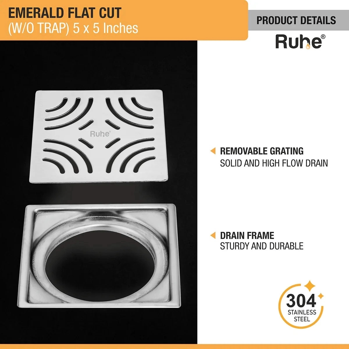 Ruhe Emerald Square Flat Cut 304 - Grade Floor Drain 5 x 5 Inches by Ruhe : Colours available: Silver 4 4