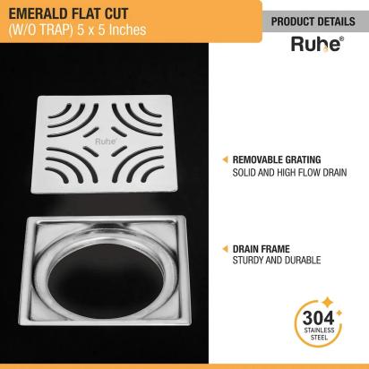 Ruhe Emerald Square Flat Cut 304 - Grade Floor Drain 5 x 5 Inches by Ruhe : Colours available: Silver 4 4