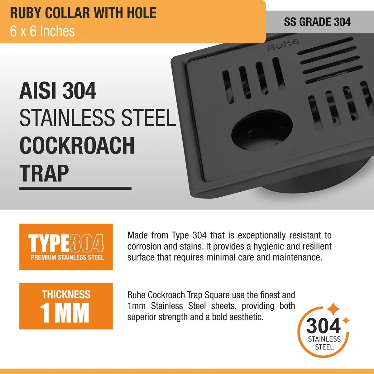 Ruby Square 304-Grade Floor Drain in Black PVD Coating 6 x 6 Inches with Hole by Ruhe : Colours available: Black 1 4