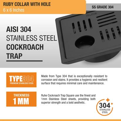 Ruby Square 304-Grade Floor Drain in Black PVD Coating 6 x 6 Inches with Hole by Ruhe : Colours available: Black 1 4