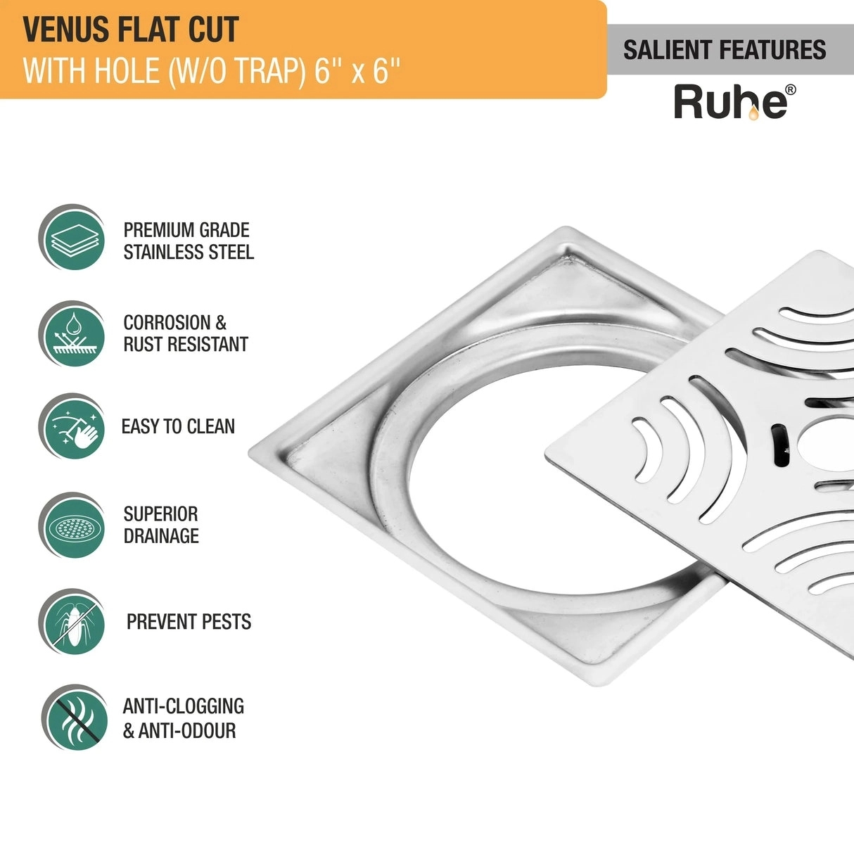 Ruhe Venus Square Premium Flat Cut Floor Drain 6 x 6 Inches With Hole by Ruhe : Colours available: Silver 2 2