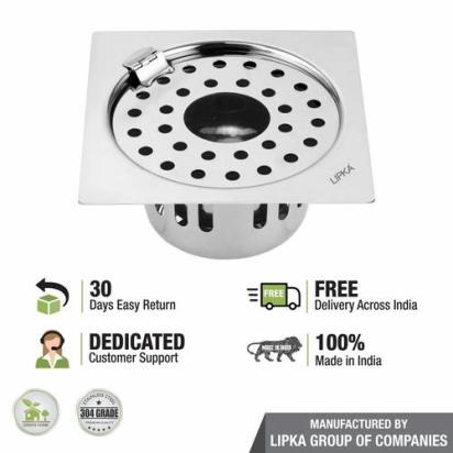 Lipka Square Flat Cut Floor Drain (5 x 5 Inches) with Hinge, Hole and Cockroach Trap 3