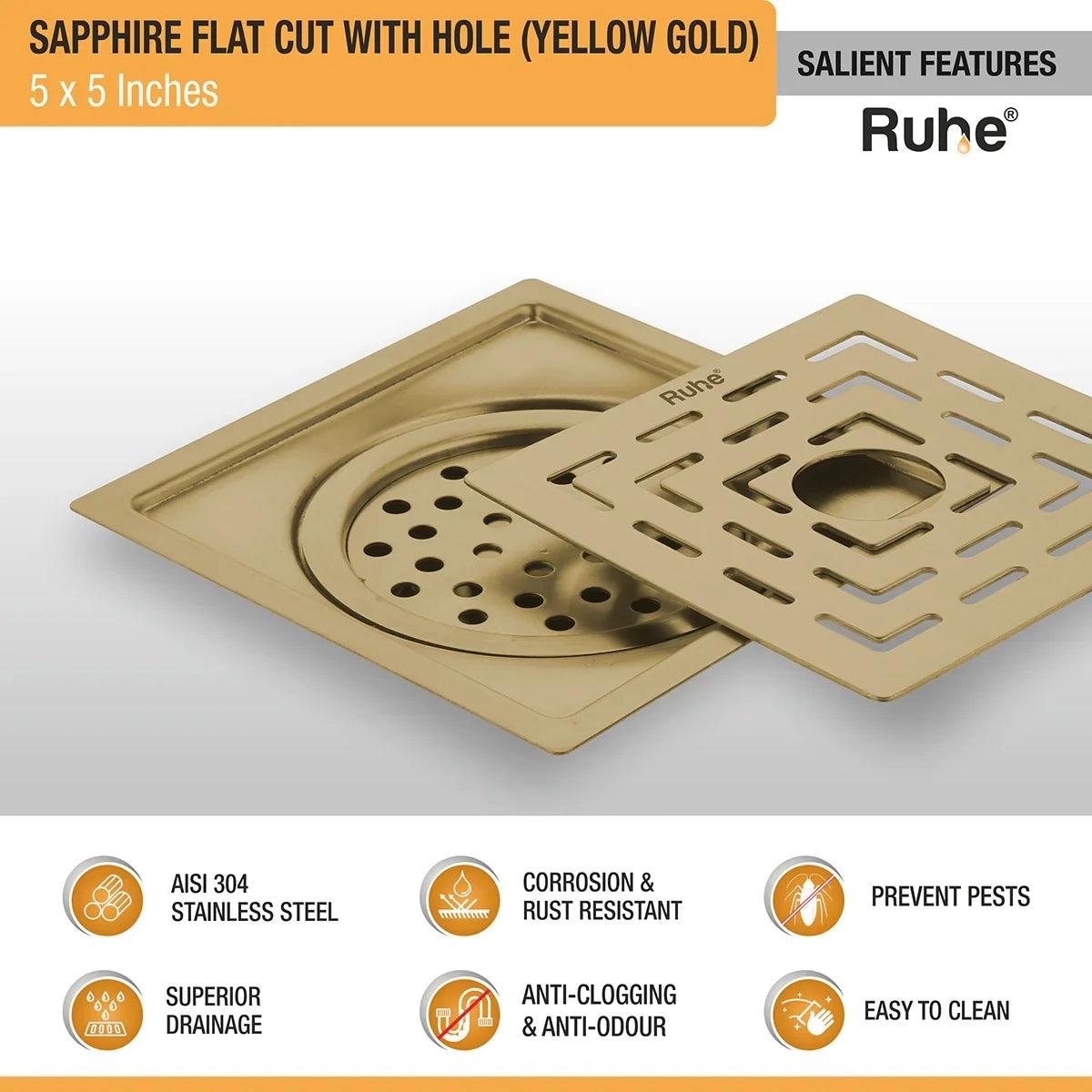 Ruhe Sapphire Square Flat Cut Floor Drain In Yellow Gold PVD Coating - 5 x 5 Inches With Hole 3