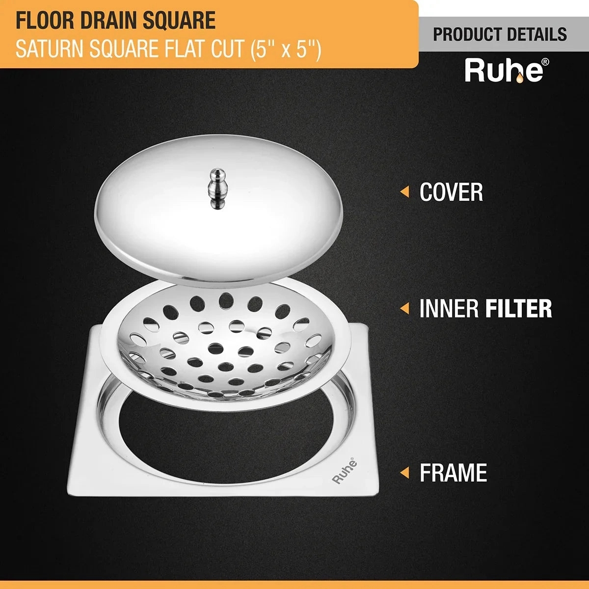 Ruhe Saturn Square Flat Cut Floor Drain 5 x 5 Inches With Lid by Ruhe : Colours available: Silver 1 3