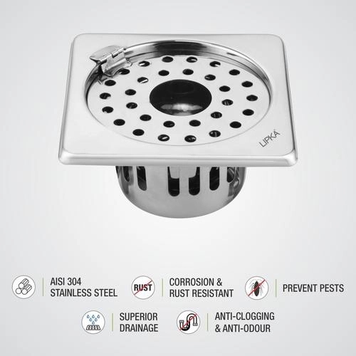 Lipka Square Floor Drain (6 x 6 Inches) with Hinge, Hole and Cockroach Trap 2