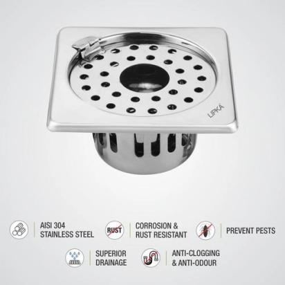 Lipka Square Floor Drain (6 x 6 Inches) with Hinge, Hole and Cockroach Trap 2