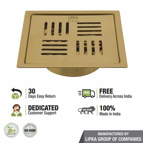Lipka Pink Exclusive Square Flat Cut Floor Drain in Yellow Gold PVD Coating (6 x 6 Inches) with Cockroach Trap 4