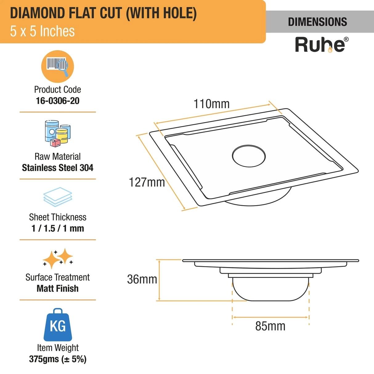 Ruhe Diamond Square Flat Cut 304-Grade Floor Drain with Hole And Cockroach Trap 5 x 5 Inches 1