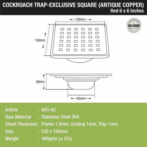 Red Exclusive Square Floor Drain in Antique Copper PVD Coating (6 x 6 Inches) with Cockroach Trap - LIPKA a66b35 1