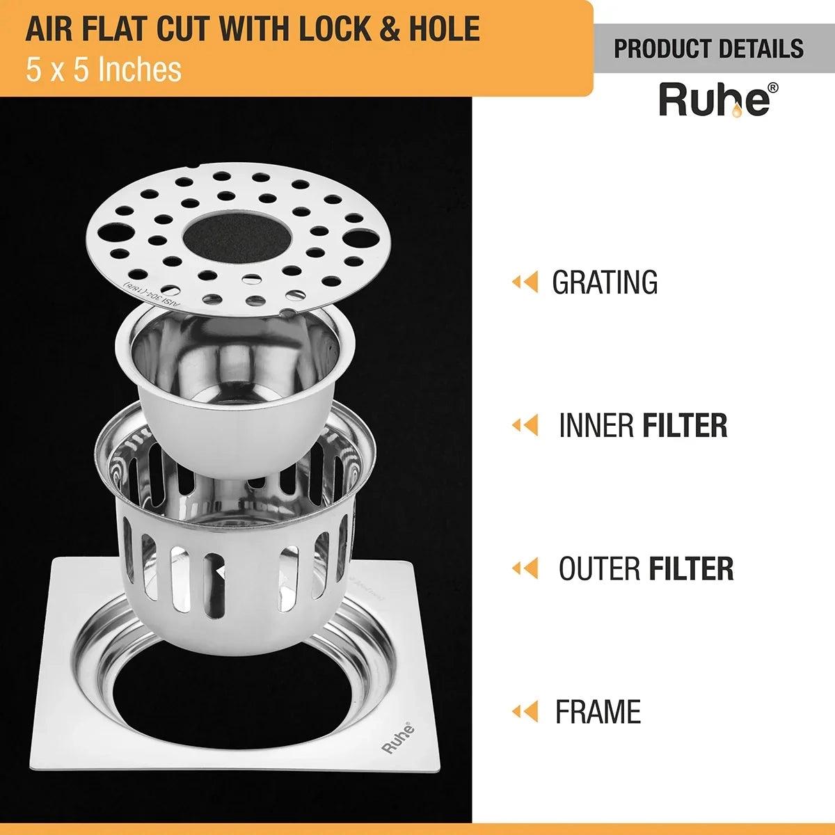 Ruhe Air Square Flat Cut 304-Grade Floor Drain with Lock Hole and Cockroach Trap 5 x 5 Inches 3