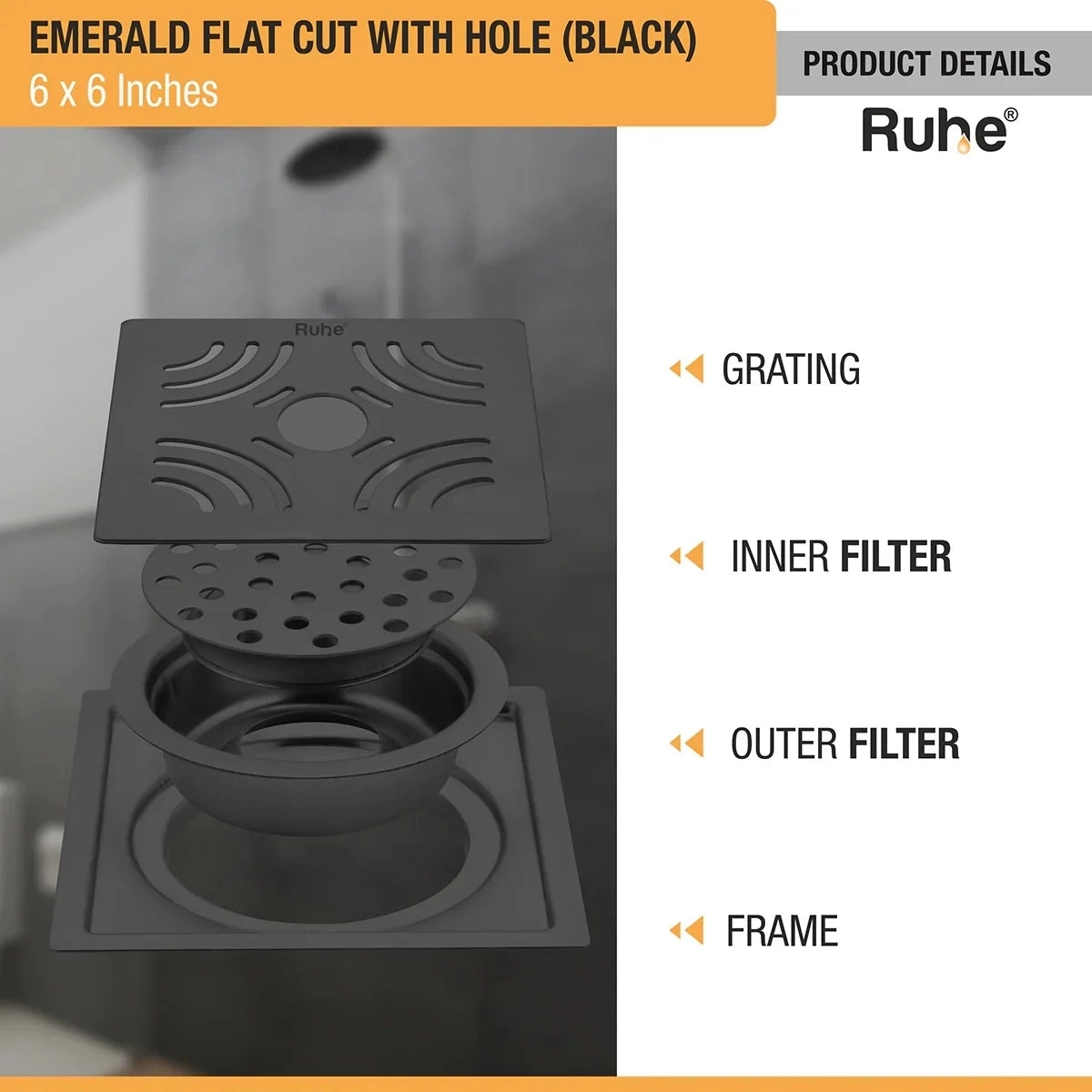 Ruhe Emerald Square Flat Cut Floor Drain in Black PVD Coating 6 x 6 Inches with Hole by Ruhe : Colours available: Black 2 3