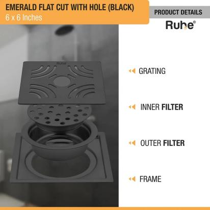 Ruhe Emerald Square Flat Cut Floor Drain in Black PVD Coating 6 x 6 Inches with Hole by Ruhe : Colours available: Black 2 3