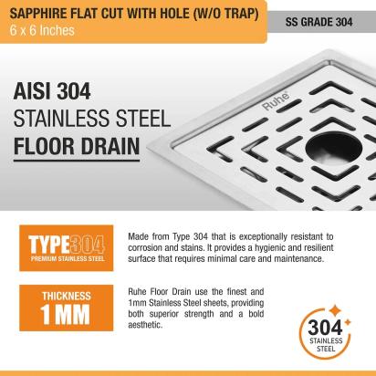 Ruhe Sapphire Square Flat Cut 304-Grade Floor Drain with Hole by Ruhe : Colours available: Silver 1 4