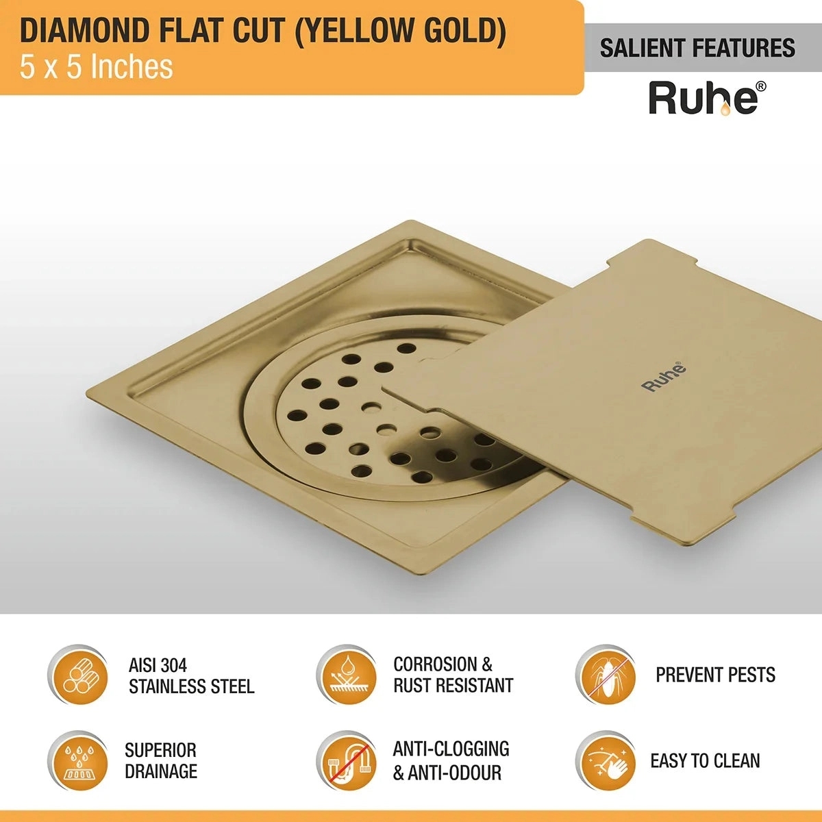 Ruhe Diamond Square Flat Cut Floor Drain in Yellow Gold PVD Coating 5 x 5 Inches by Ruhe : Colours available: Gold 2 3