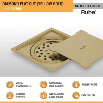 Ruhe Diamond Square Flat Cut Floor Drain in Yellow Gold PVD Coating 5 x 5 Inches by Ruhe : Colours available: Gold 2 3