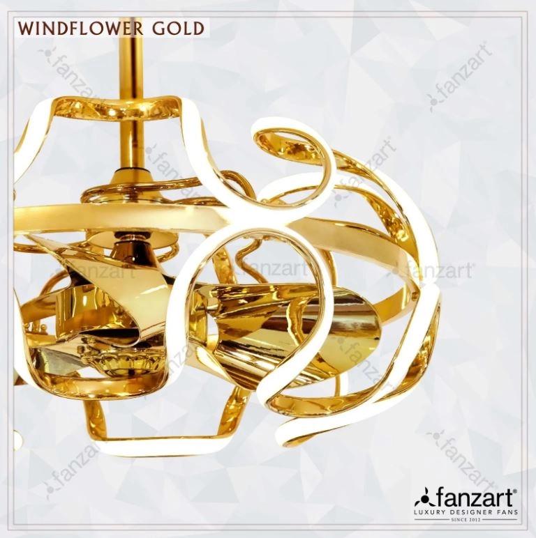 Fanzart Windflower Gold – 26” Fandelier with 3 x 22″ 5D vortex blades, BLDC motor, Summer-Winter feature, Multi-Coloured LED & Dimmer 3