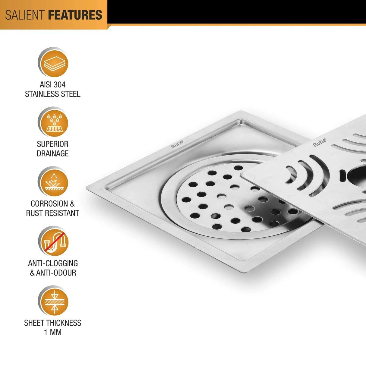 Ruhe Emerald Square Flat Cut 304-Grade Floor Drain with Hole and Cockroach Trap - 6 x 6 Inches 3