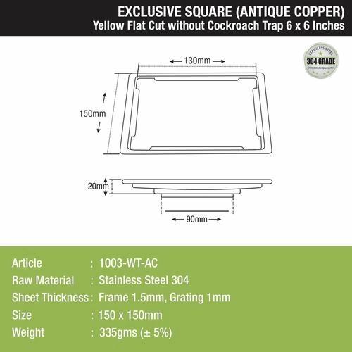 Lipka Yellow Exclusive Square Flat Cut Floor Drain in Antique Copper PVD Coating (6 x 6 Inches) 1
